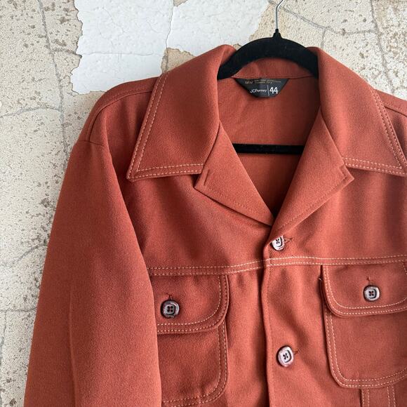 Vtg 70s Shirt Jacket Daggar Collar Rust Contrast Stich Western Chore Coat Mens L - Picture 2 of 8